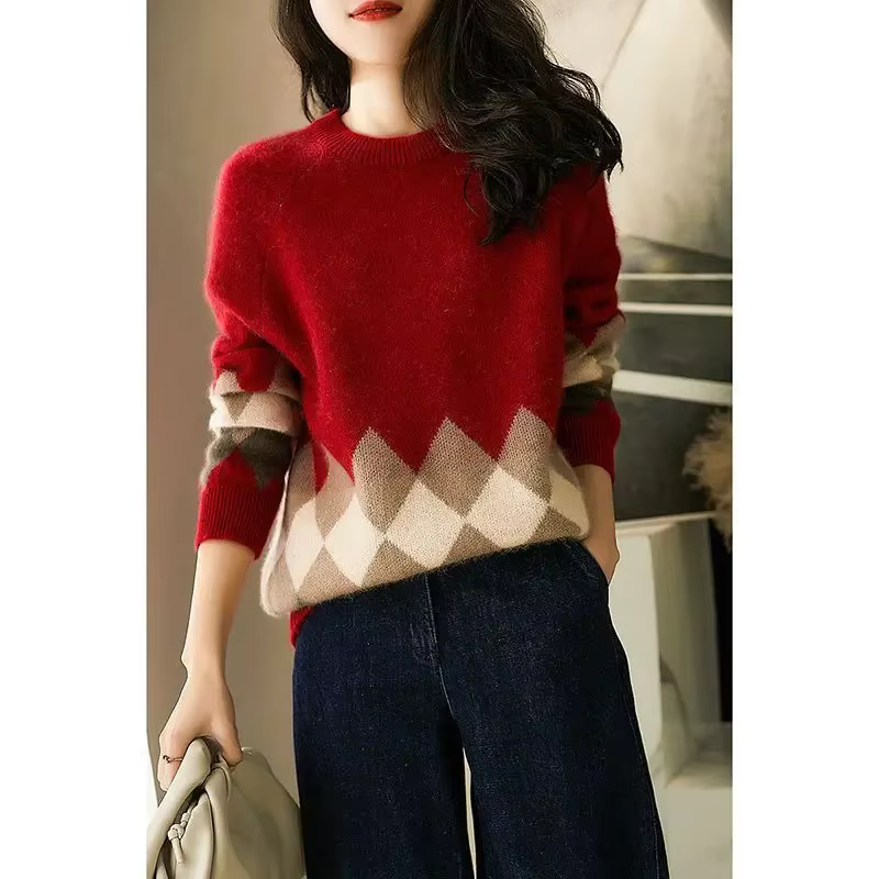 Pull femme rouge Plaid hauts en tricot pour femme graphique col rond pulls pull hiver chemisier ther