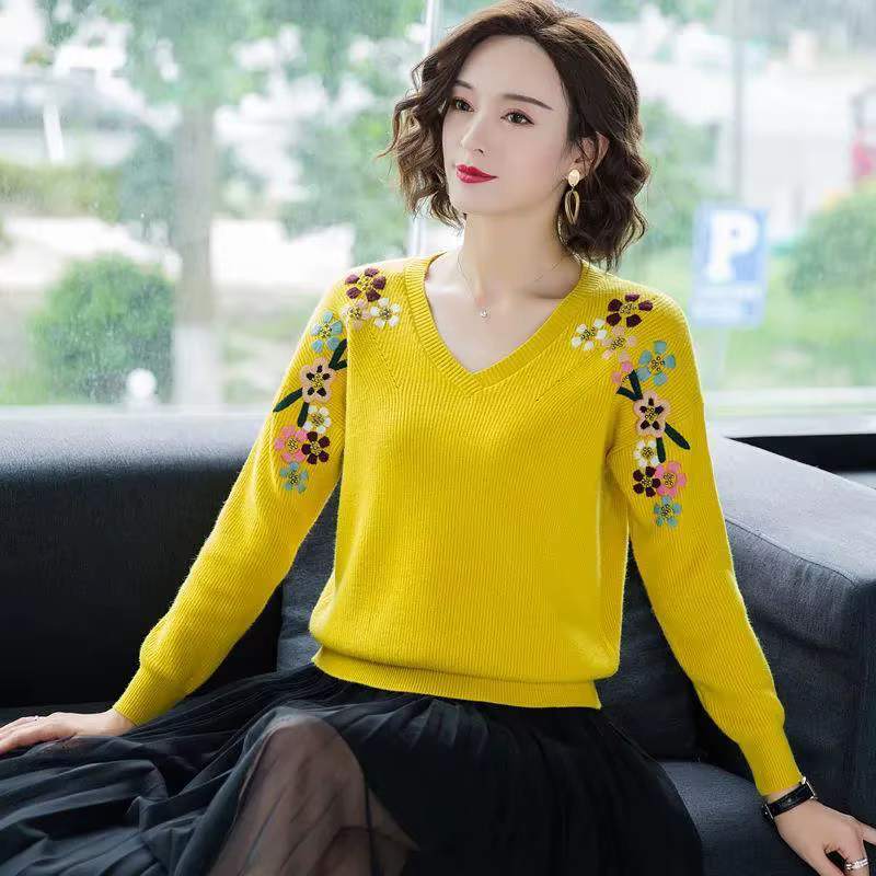 Col en v broderie tricoté pulls femmes mode automne élastique chandails grande taille tricots de sty
