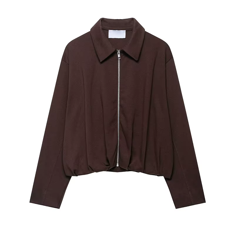 Mode femmes solide fermeture éclair col veste revers cou manches longues recadrée Style manteau 2025