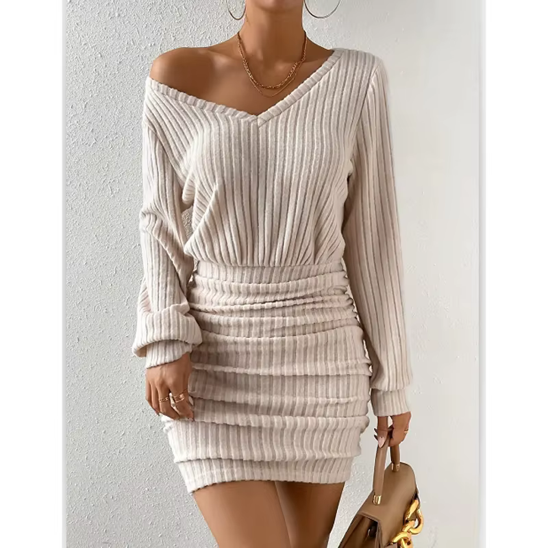Femmes automne hiver tricoté pull Mini Robe femme décontracté solide enveloppement col en v à manche