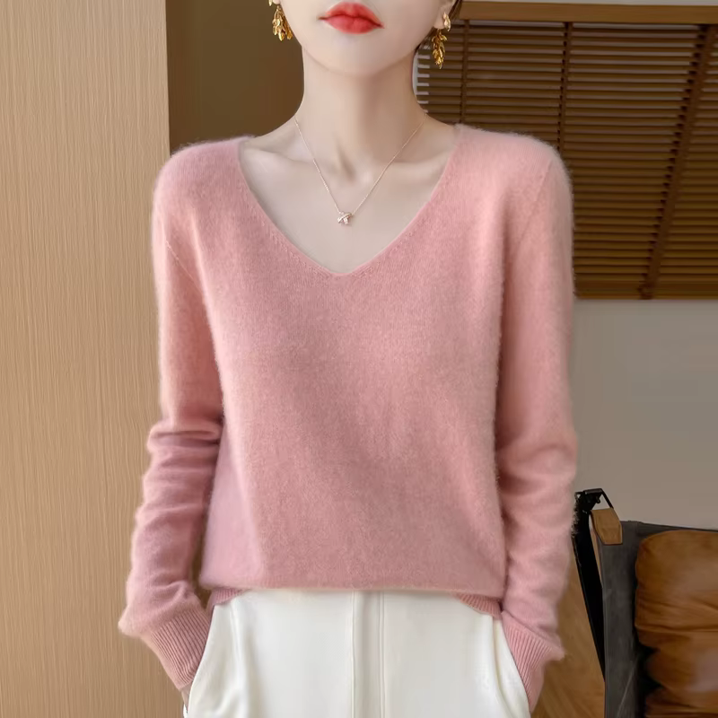 Pull en laine mérinos fine pour femme, col en v, tricoté, vêtements décontractés, à fond souple, pou
