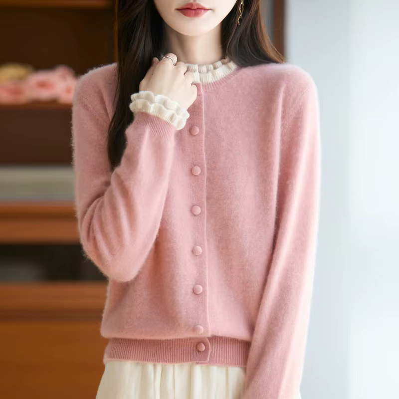 Cardigan Chic en laine mérinos pour femme, pull Jacquard épais, doux et chaud, décontracté, col rond
