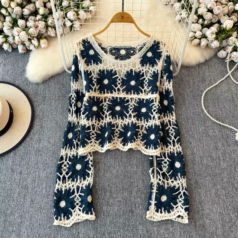 Daisy Crochet Tricot Pull À Manches Longues Sheer Open-knit Crop Top En Tricot Pull pour Femmes Adol