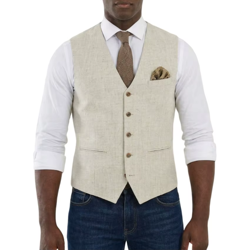 Gilet en lin pour homme, col en V, beige, simple boutonnage, pour occasions décontractées, fêtes, ét