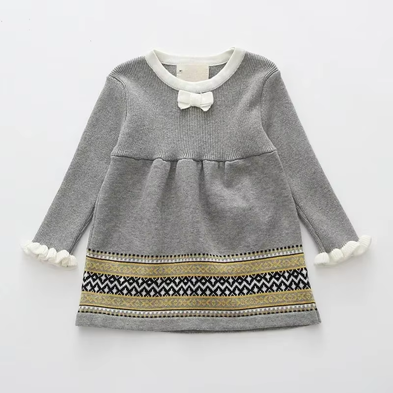 2025 chandails pour enfants col rond Vintage à manches longues enfants robes tricoté robe rouge mign