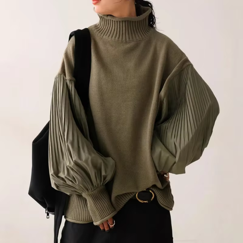 Pull à col roulé patchwork à manches volantées pour femmes, pull en tricot décontracté, manteau de t