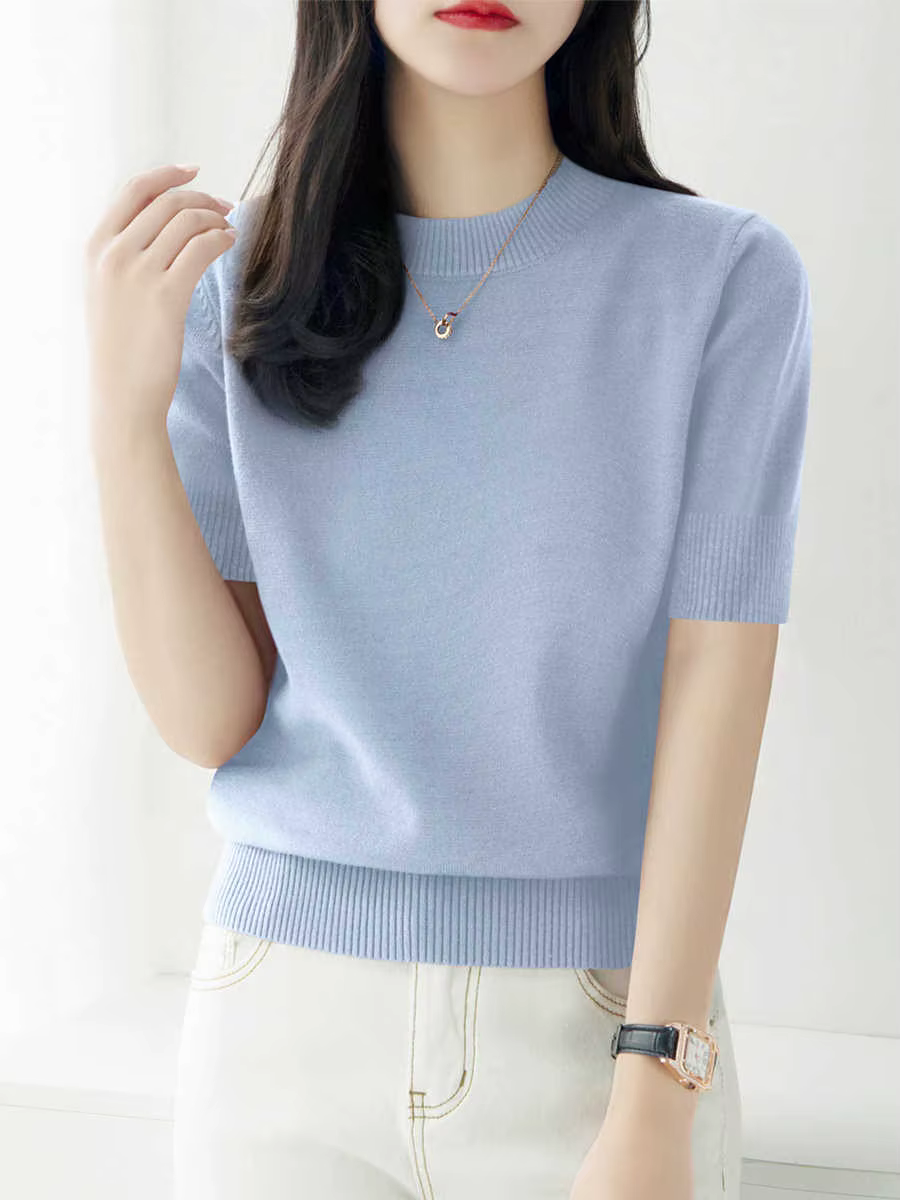 Pulls en tricot, nouveau pull en tricot noir à col rond pour femmes, pulls à manches courtes, pull e