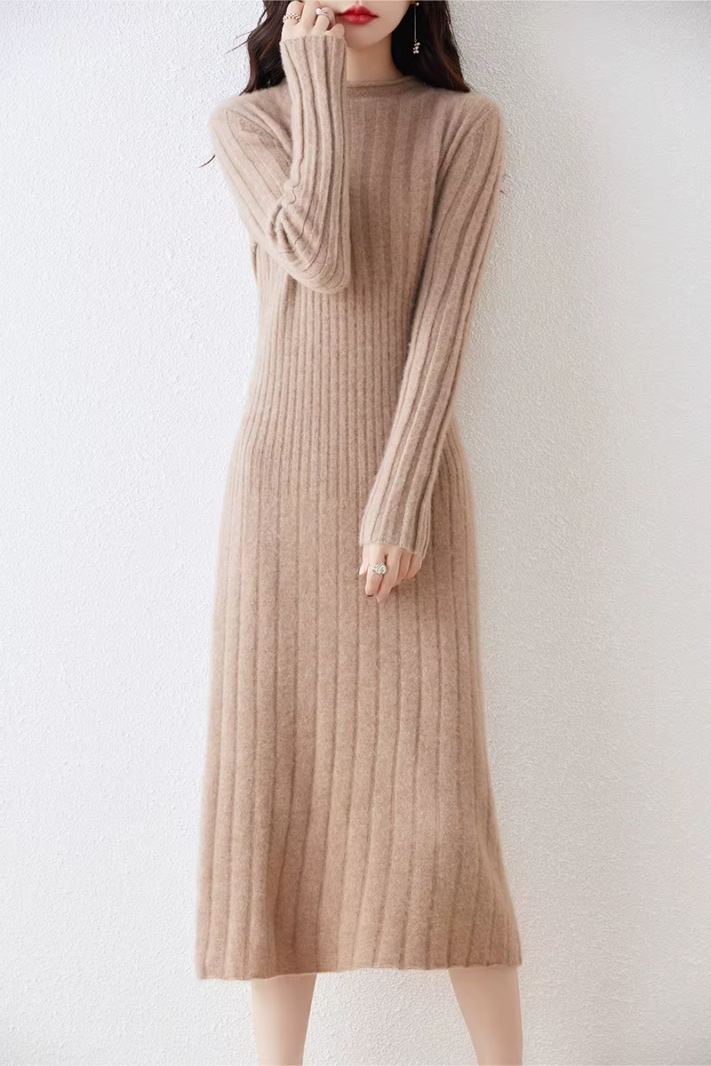 Robe pull longue en laine mérinos pour femme, jupe plissée rayée, col rond, nouvelle collection auto