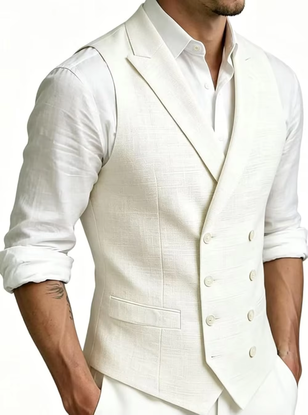 Gilet en lin pour homme, double boutonnage, sangle réglable au dos, décontracté, pour mariage