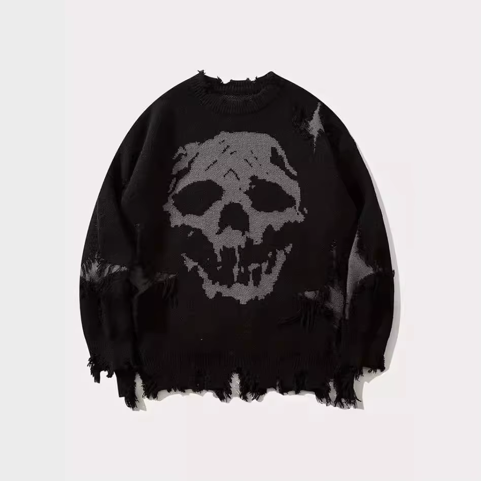 Automne hiver hommes/femmes Hip Hop tricoté pull motif de crâne imprimé Jacquard trou ample hauts pu