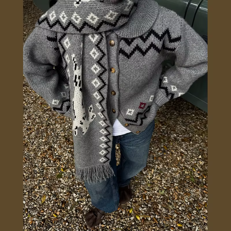 Vintage tricoté imprimé Cardigan manteau femmes Chic décontracté col claudine simple boutonnage pull