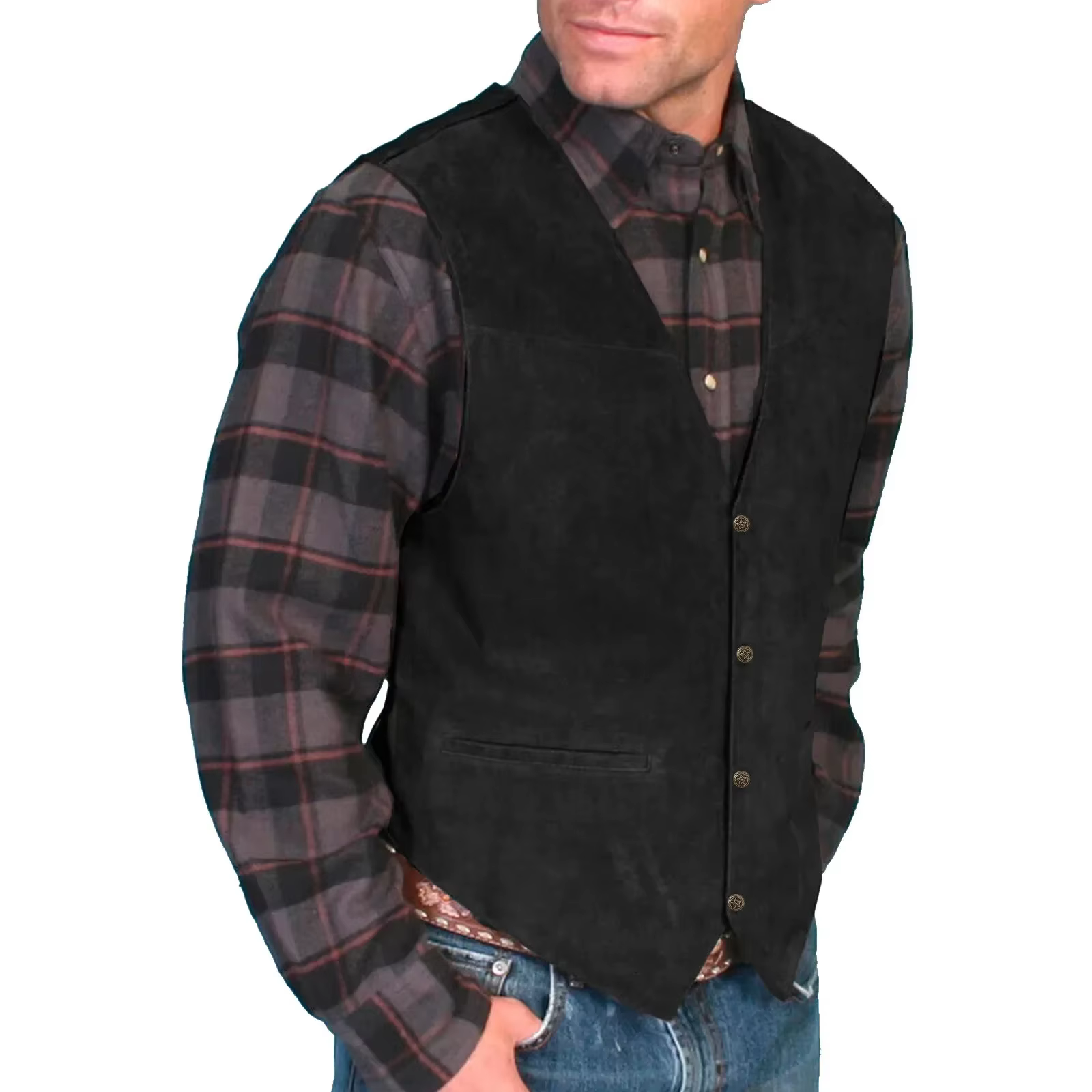 Gilet en cuir pour homme, col en V, simple boutonnage, style western, sans manches, pour motard, clu