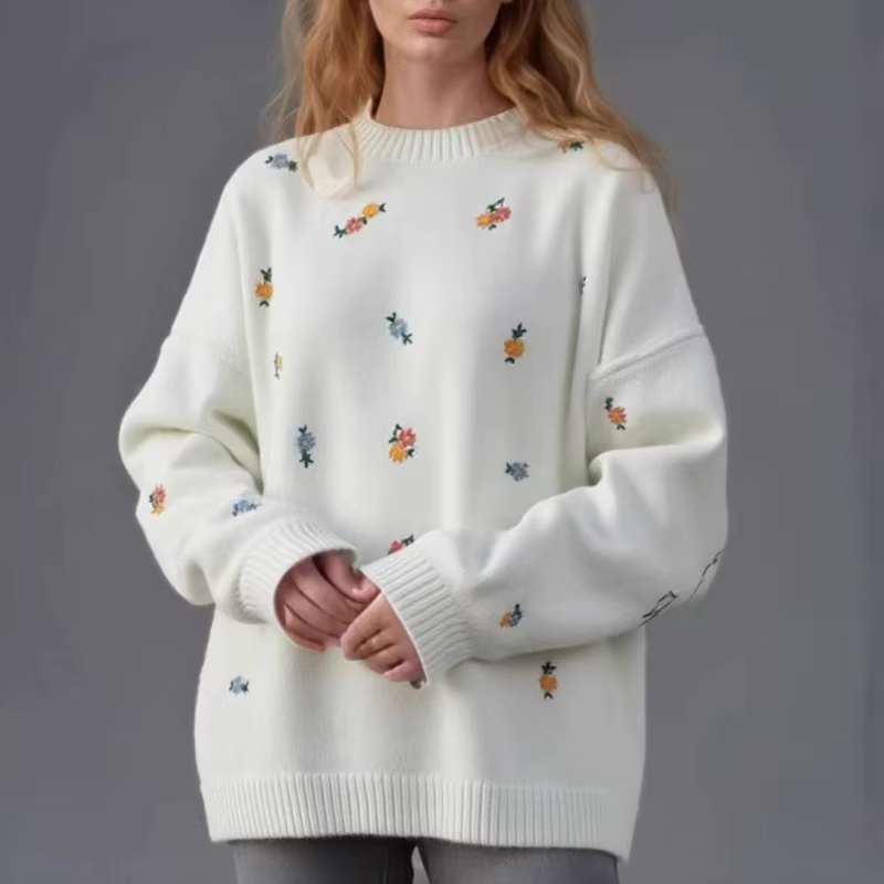 2025 femmes col rond pull automne hiver nouvelle broderie florale lâche tricot pull pull