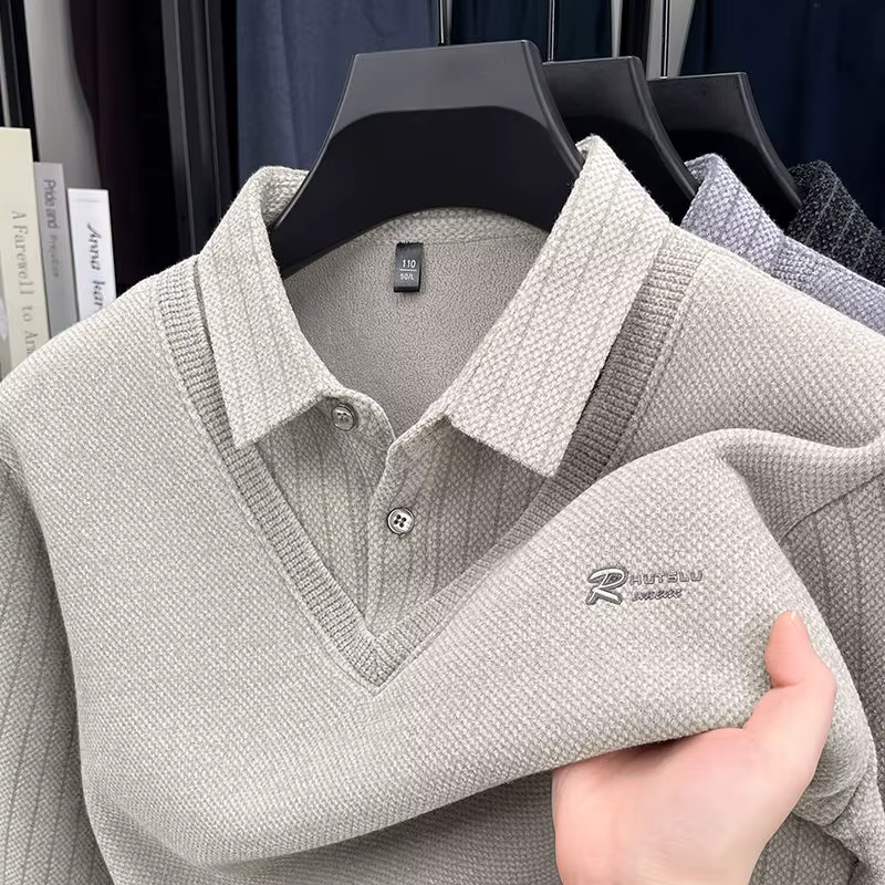 Pull pour hommes col Polo étiquette Patchwork rayures doublure en laine peluche tricoté épaissi pull