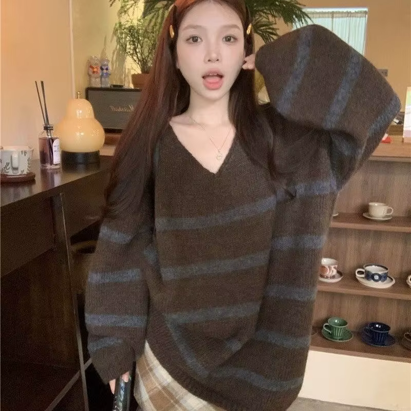 Pull rétro à rayures contrastées pour femmes, col en v, épais, ample, paresseux, mi-long, haut trico