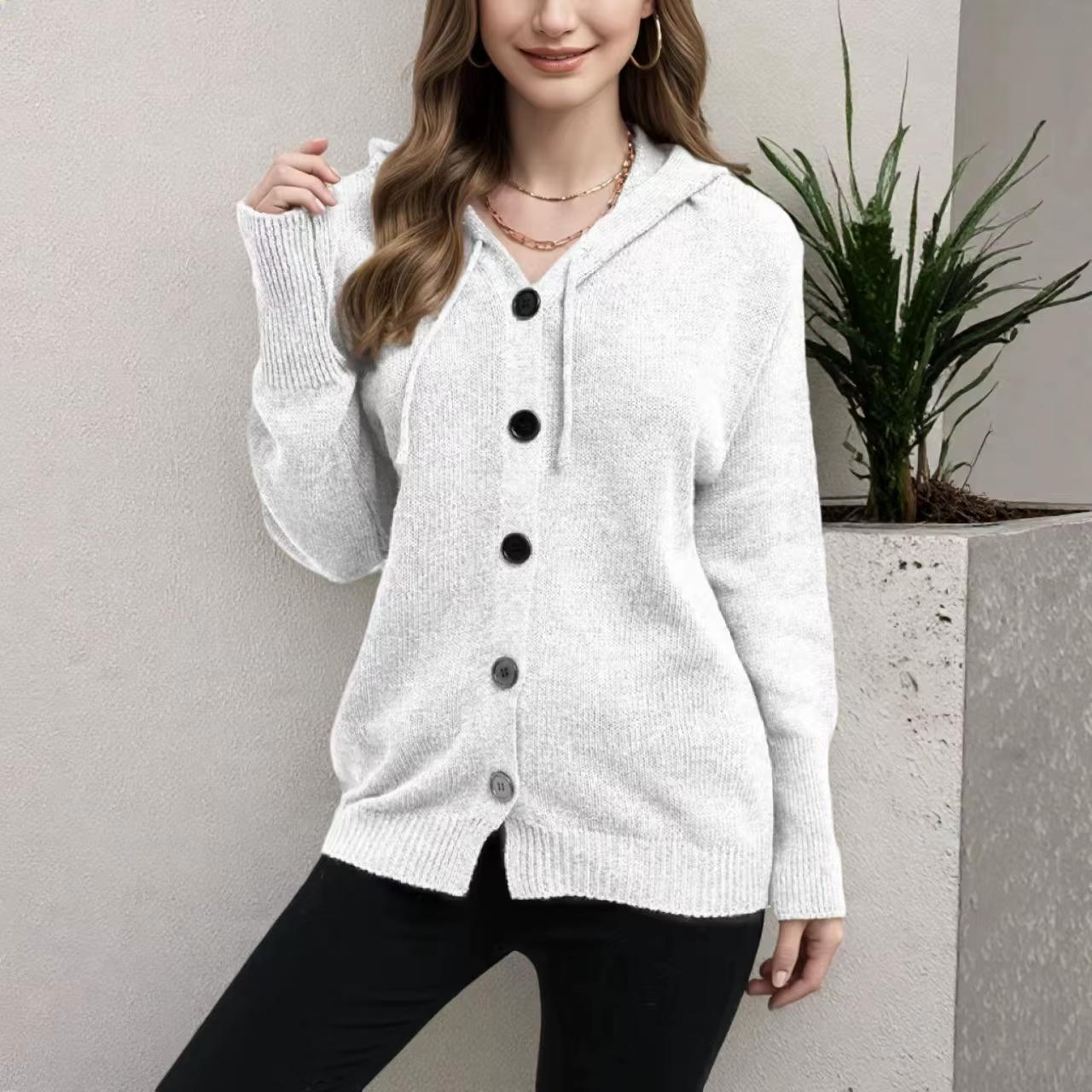Pull tricoté à col en V et à capuche, couleur unie, simple boutonnage, pour femme, collection Printe