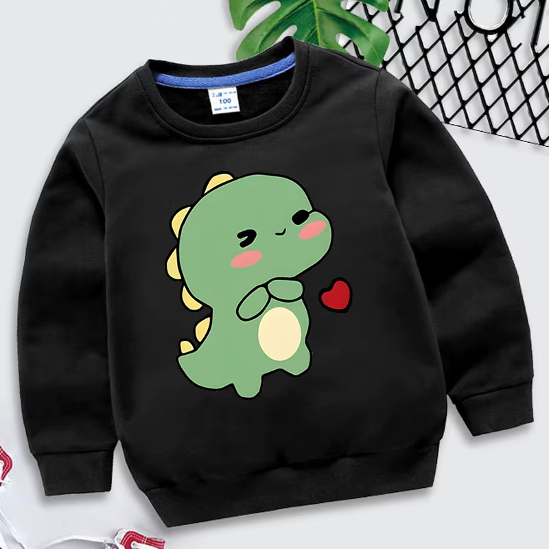 Pull ras du cou imprimé cœur de dinosaure pour filles, PVD sans capuche, manches longues, pulls déco