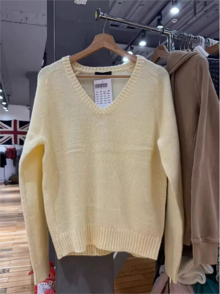 Pull tricoté jaune doux pour femme, col en V, manches longues, style décontracté, mignon, simple, ch