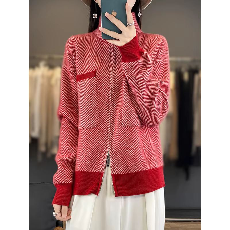 100% laine mérinos femmes pull décontracté col roulé fantaisie cour Cardigan femme tricots à manches