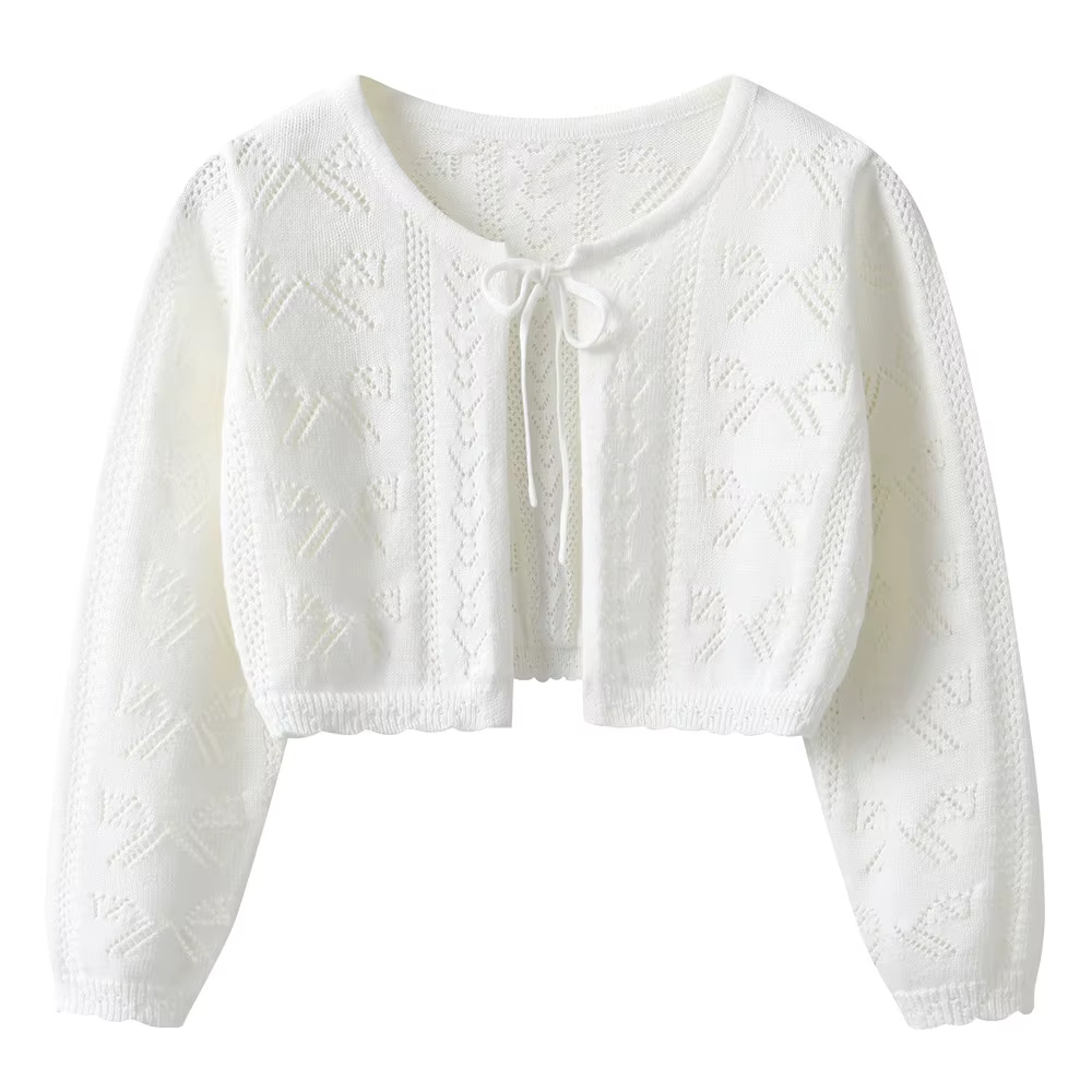 Pull en tricot avec nœuds et rubans pour filles, cardigan léger en coton pour l'été, veste enveloppa