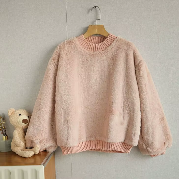 Pull Épais Rose à Col Ras du Cou et Manches sulf, en Peluche, Couleur Unie, Collection Automne et Hi