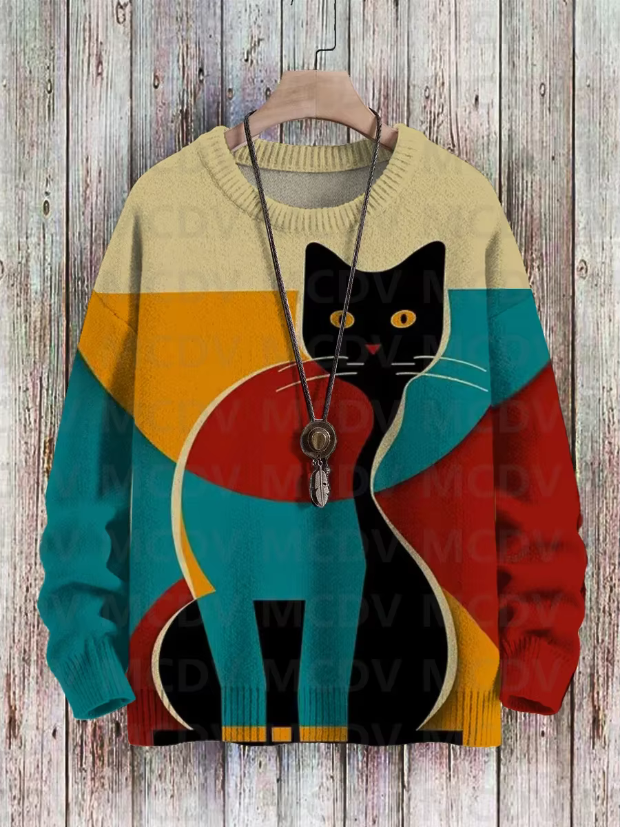 Pull en tricot imprimé multicolore pour hommes et femmes, pull décontracté, chat d'art abstrait