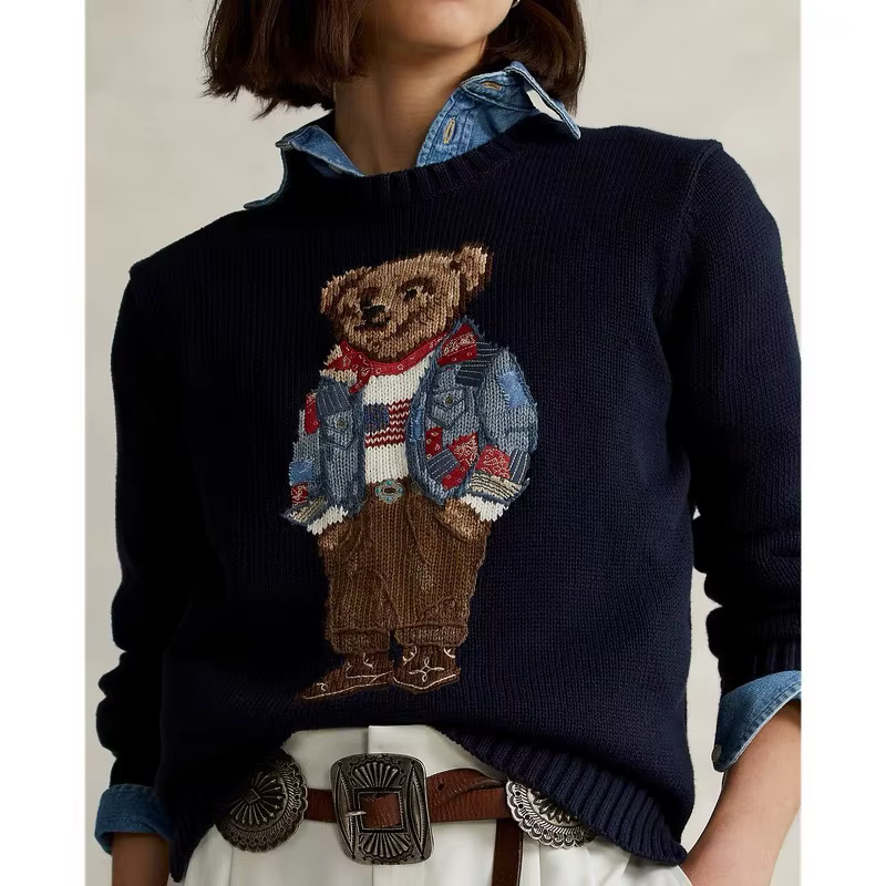 Classique brodé ours coton tricots coupe ample col rond polyvalent automne hiver femmes mode rue Sty