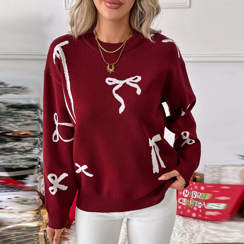 Pull de noël femmes décontracté col rond à manches longues imprimé chandails tricotés pour les femme