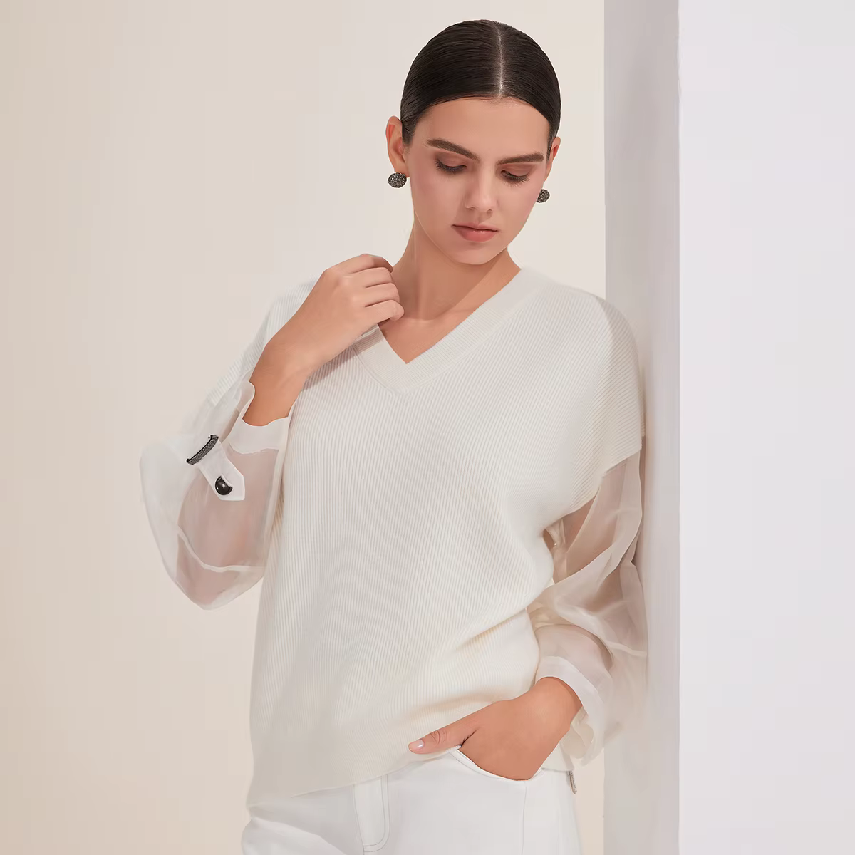 BY4521255 Pull surdimensionné élégant à col en V pour femme, 100% laine, style décontracté, avec man