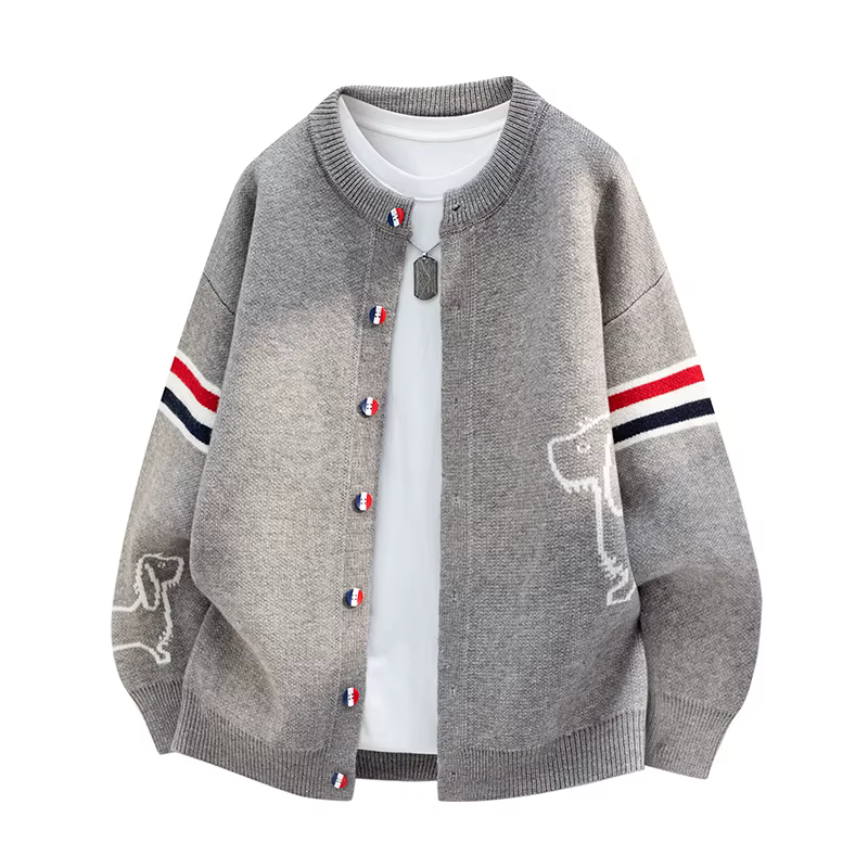Cardigan en tricot à manches longues style couple, col rond, boutons, motif rayé, haute qualité, déc