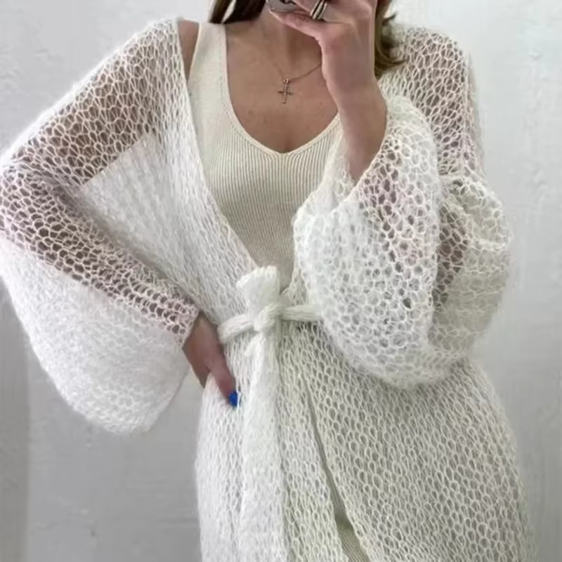 Cardigan en tricot pour femme, style ouvert, avec poches avant, couleur unie, coupe longue et ample,