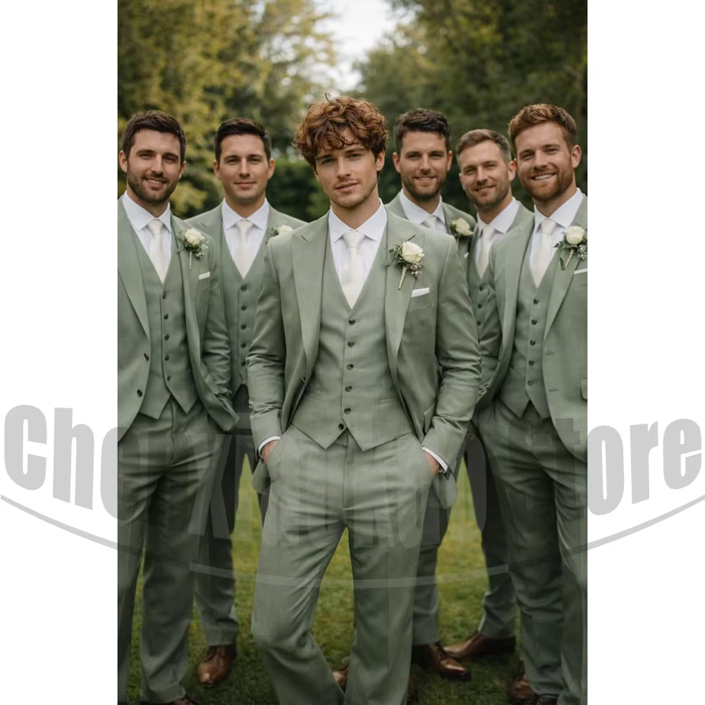 Costume 3 Pièces Homme Vert Sauge Coupe Slim Blazer Gilet Pantalon Mode Mariage Cérémonie Demoiselle