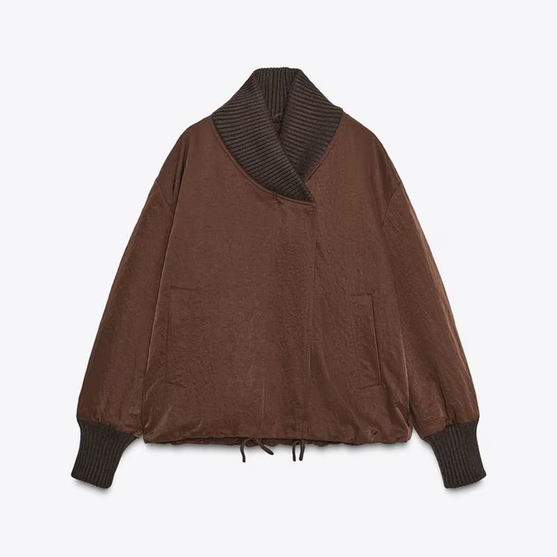 Veste portefeuille marron tendance pour femmes, col tricoté solide et poignets, cordon de serrage à