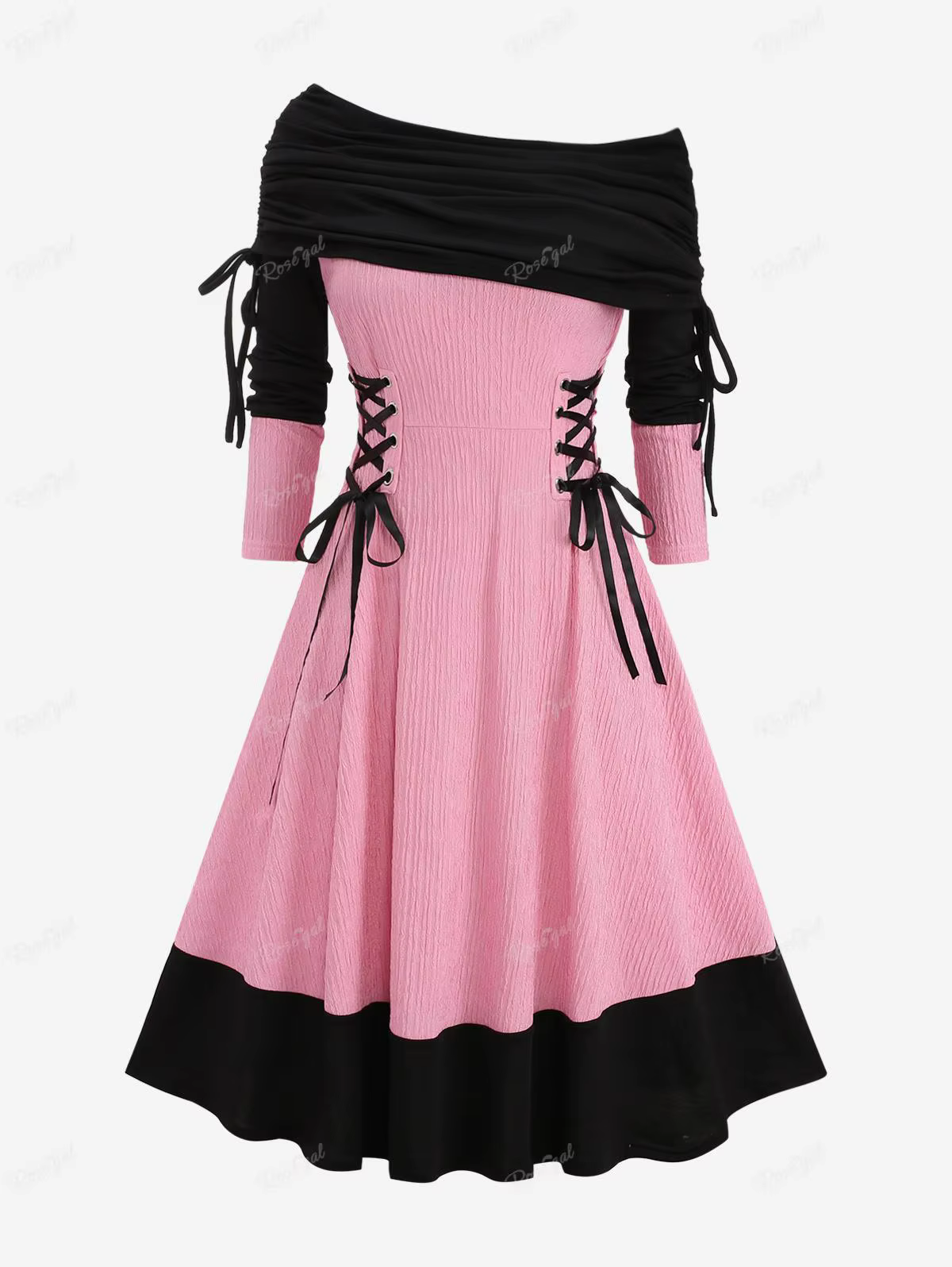 Robe pull texturée patchwork grande taille pour femme, rose clair, manches longues, col bénitier, à