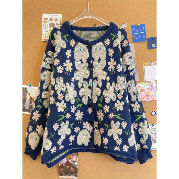 Veste pull Style paresseux à fleurs rétro pour femmes, haut ample épais, haut de gamme, tendance, au
