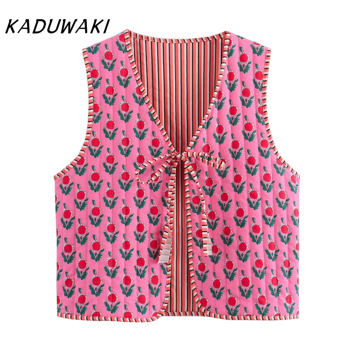 KADUWAKI-Vestes imprimées en fibre à col en V, Streetwear classique, Gilets d'automne en coton à lac