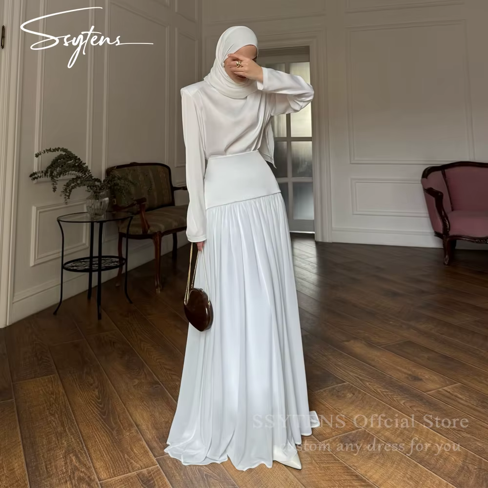 SSYTENS Robe de mariée à manches longues et col montant, modeste, plissée, froncée, coupe trapèze, g