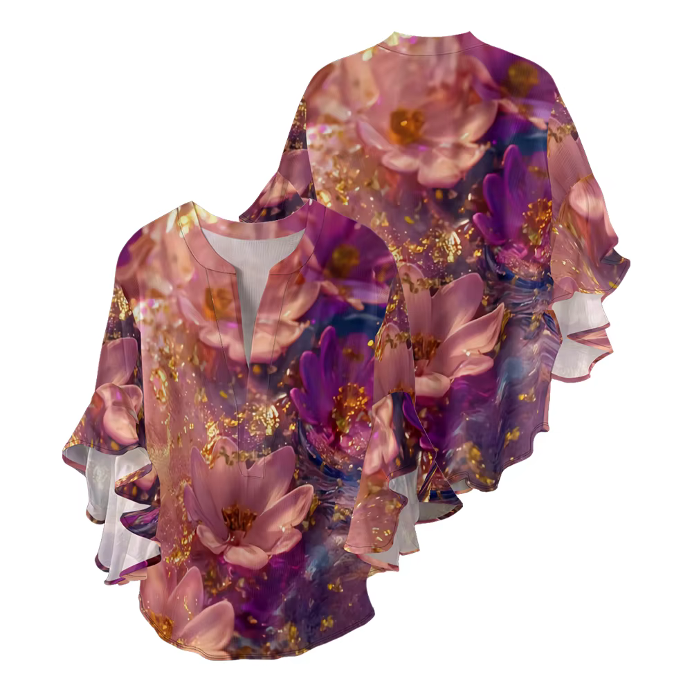 Chemisier à col en v pour femmes, imprimé Floral artistique, manches flottantes gracieuses, couleur