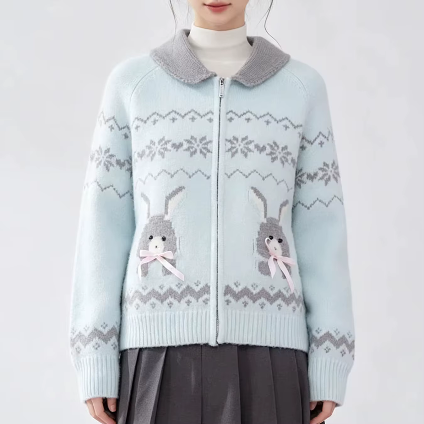 Pull décontracté bleu clair à col lapin pour femme, manches longues, style Y2K, mignon, Harajuku, mo