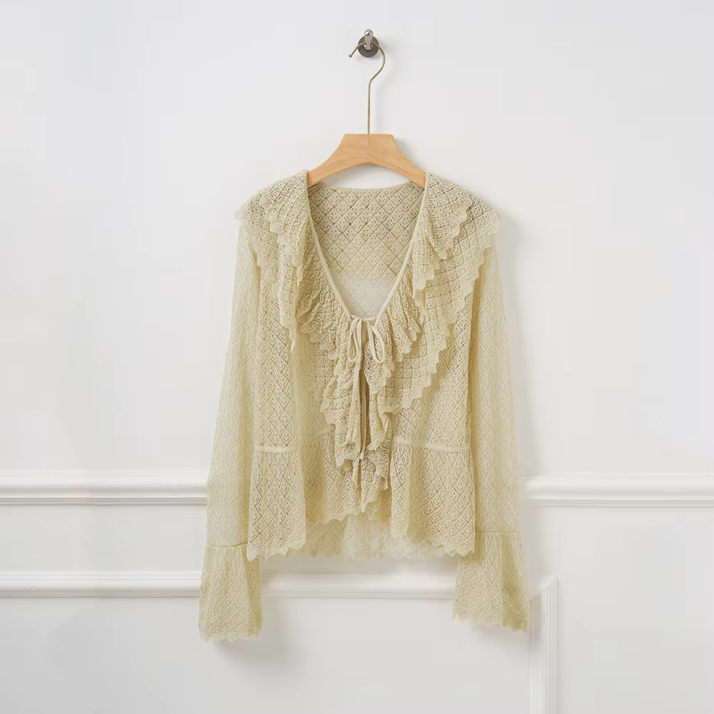 Cardigan en lin mélangé pour femme, col en V, dentelle crochetée, bordure à volants, manches évasées