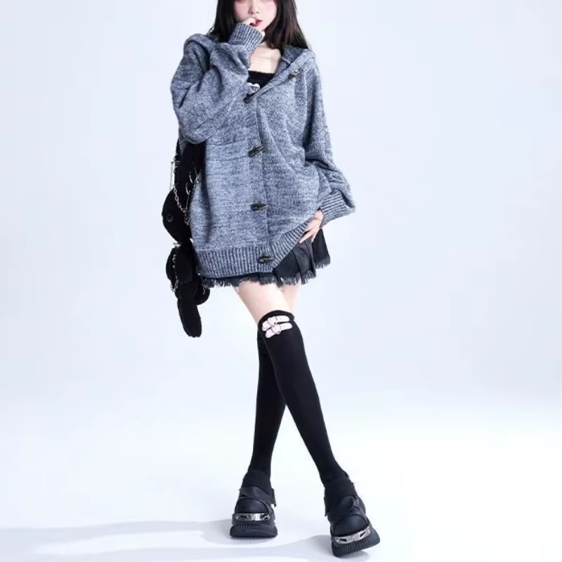 Veste pull à capuche avec oreilles de lapin gris pour femme, Cardigan tricoté ample et décontracté, 