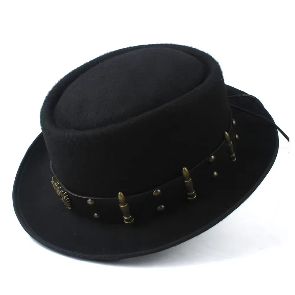 Chapeau Pork Pie pour Hommes et Femmes avec Ceinture Punk, Chapeau Fedora en Laine Tendance, Chapeau