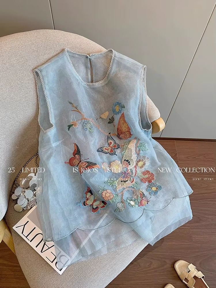 Gilet sans manches brodé de papillons bleus Olivegirl, vêtements pour femmes, été, haut élégant et d