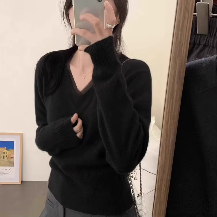 Pull coréen Patchwork à pois col en v pulls femmes Sueter Mujer à manches longues doux Pull Femme tr