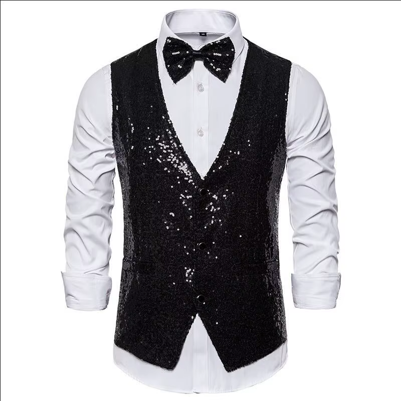 Gilet de luxe pour homme, col en V, coupe ajustée, scintillant, uni, avec nœud papillon, pour mariag