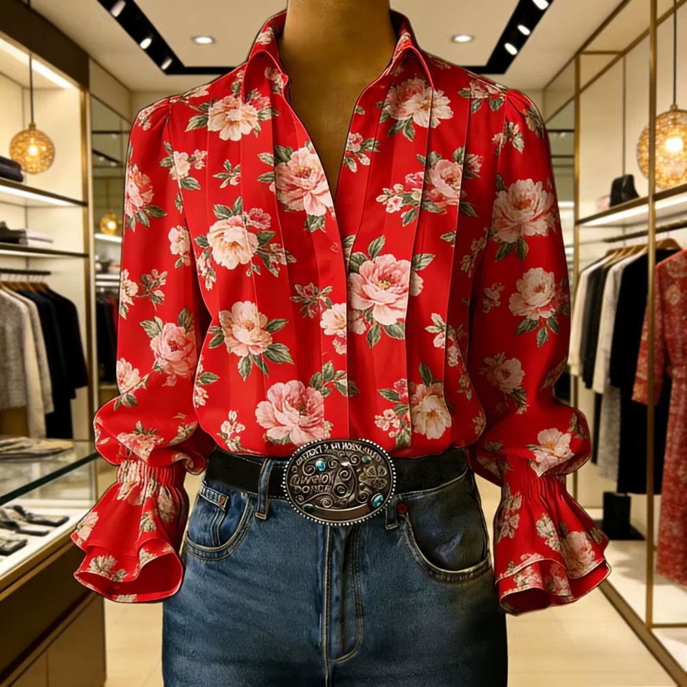  Chemisier élégant pour femme à imprimé lavande, col en V, manches évasées plissées, chemise de bur