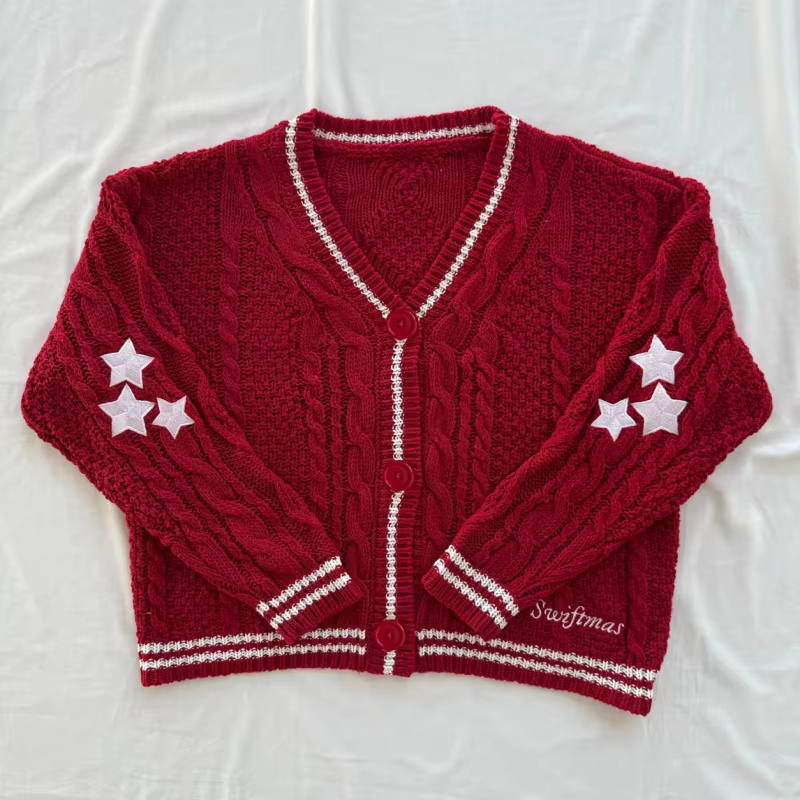 Cardigan rouge brodé d'étoiles pour femme, pull tricoté de Noël, col en V décontracté, vêtement en m