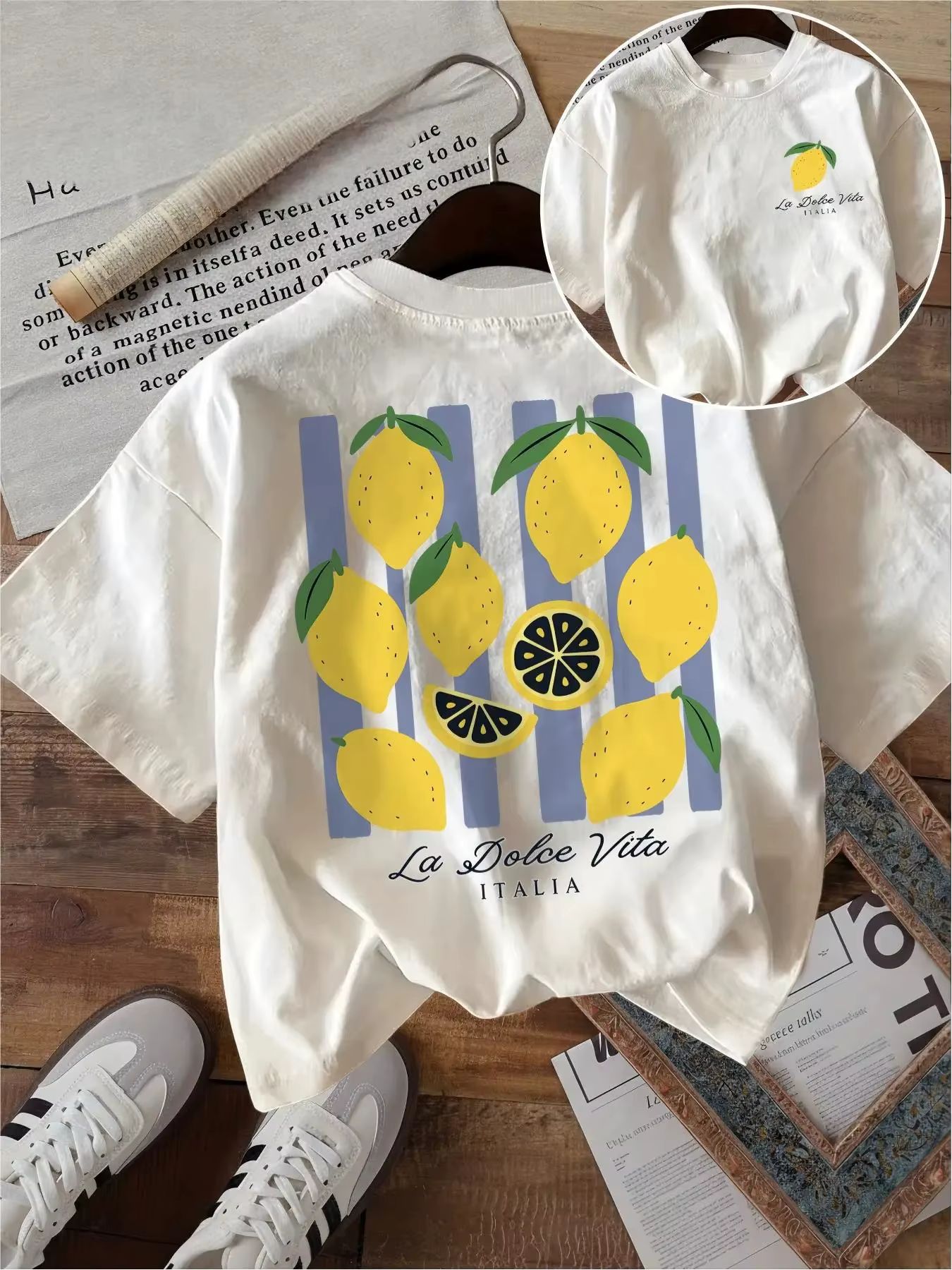 T-shirt La Dolce Vita avec motif de citron amusant, rayures violettes, style italien, unisexe, Haraj