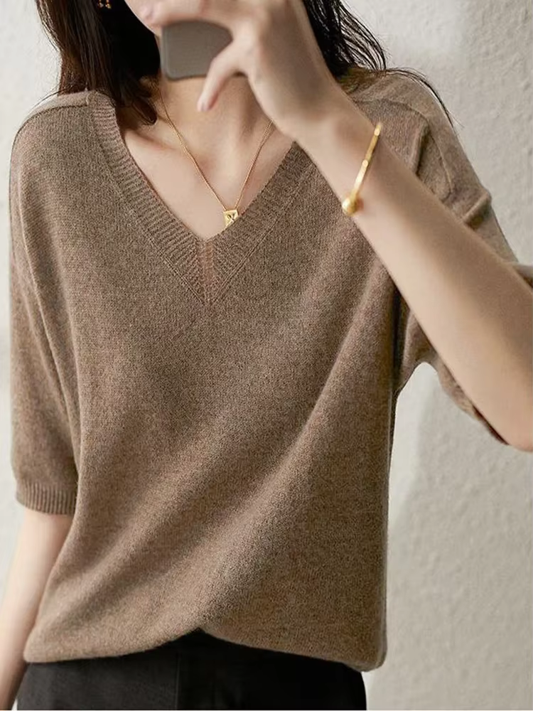 Pull en Cachemire à Demi Manches et Col en V pour Femme, Chandail Basique de Haute Qualité, V1097