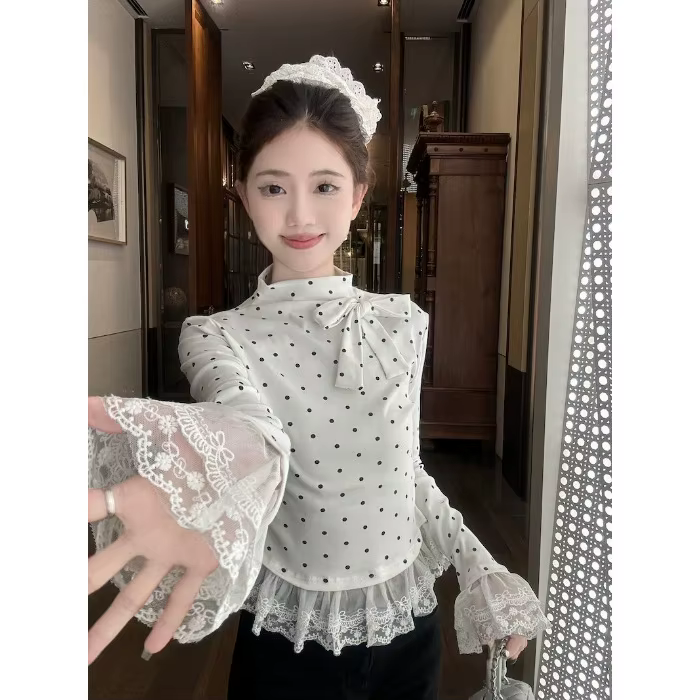 T-shirt à manches longues en dentelle à pois pour femmes, haut ajusté avec nœud, Style américain